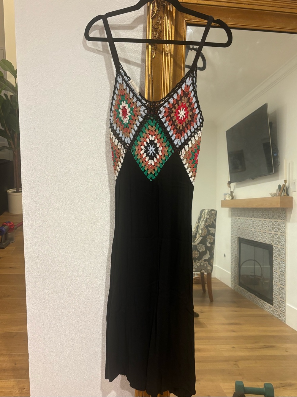 Black Slip Dress with Multicolor Crochet Yoke